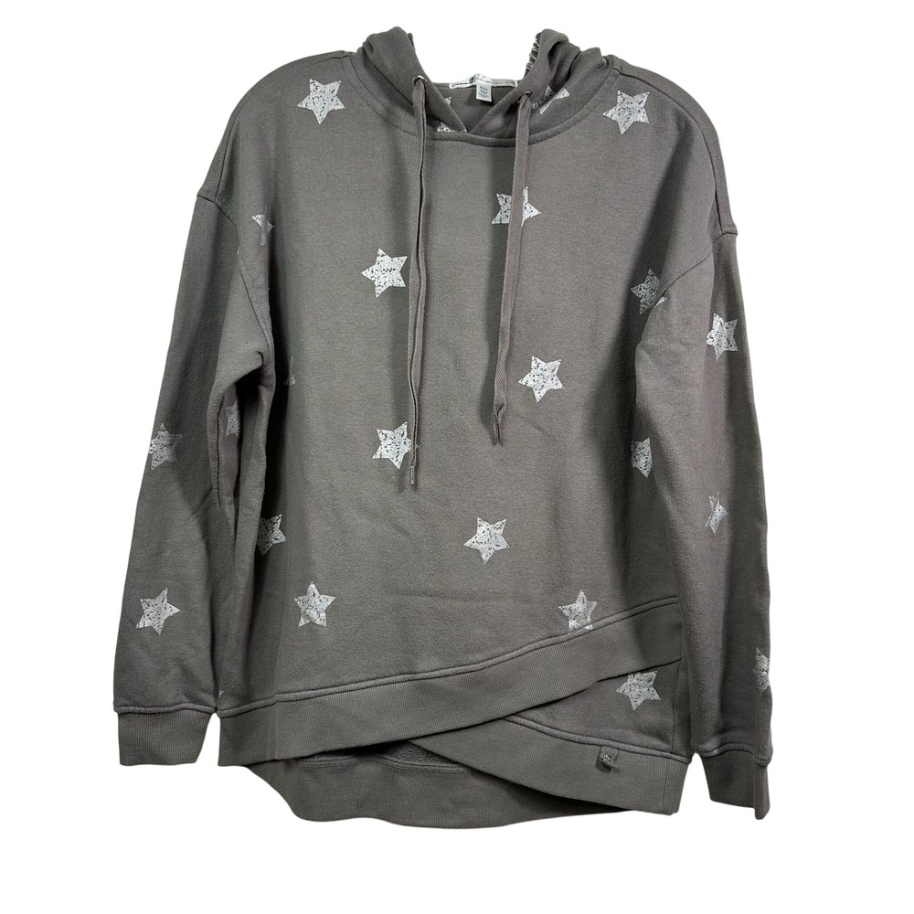 Seven7 Womens Gray Silver Foil Star Print Hoodie Crossover Hem Sweatshirt S